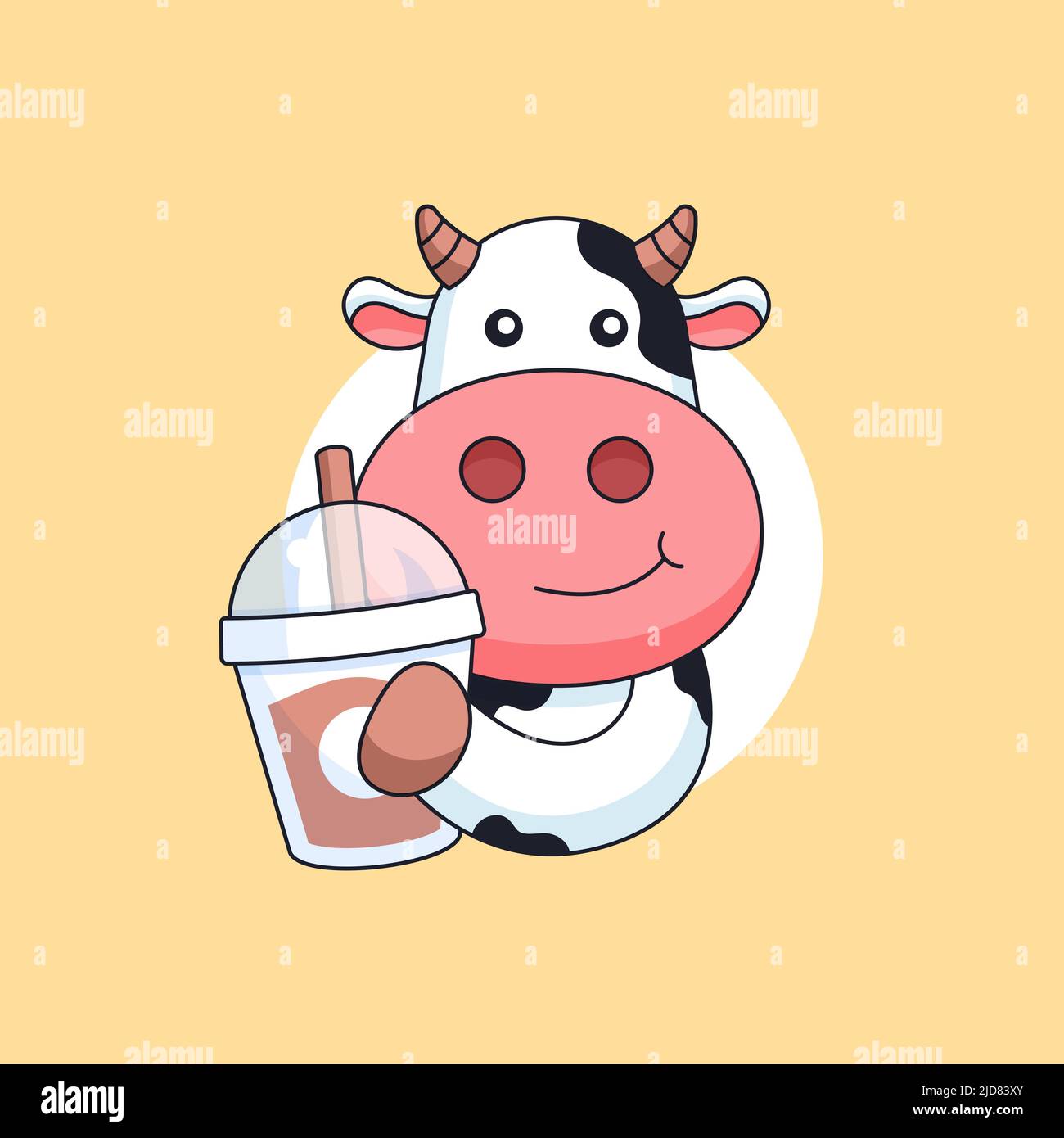 Happy cow holding milk tea drink cup animal mascot cartoon vector illustration Stock Vector
