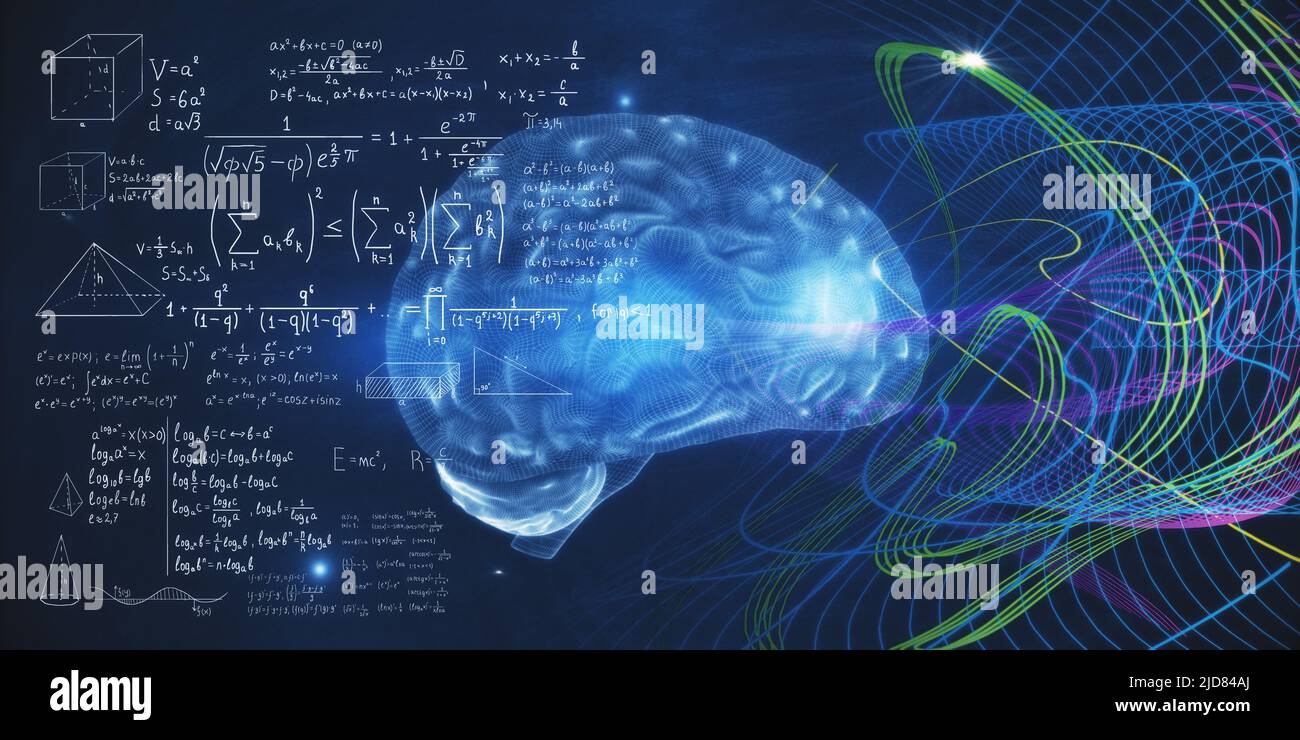 Artificial intelligence concept with digital human brain with convolutions, mathematical formulas and multi-colored chaotically painted lines on chalk Stock Photo