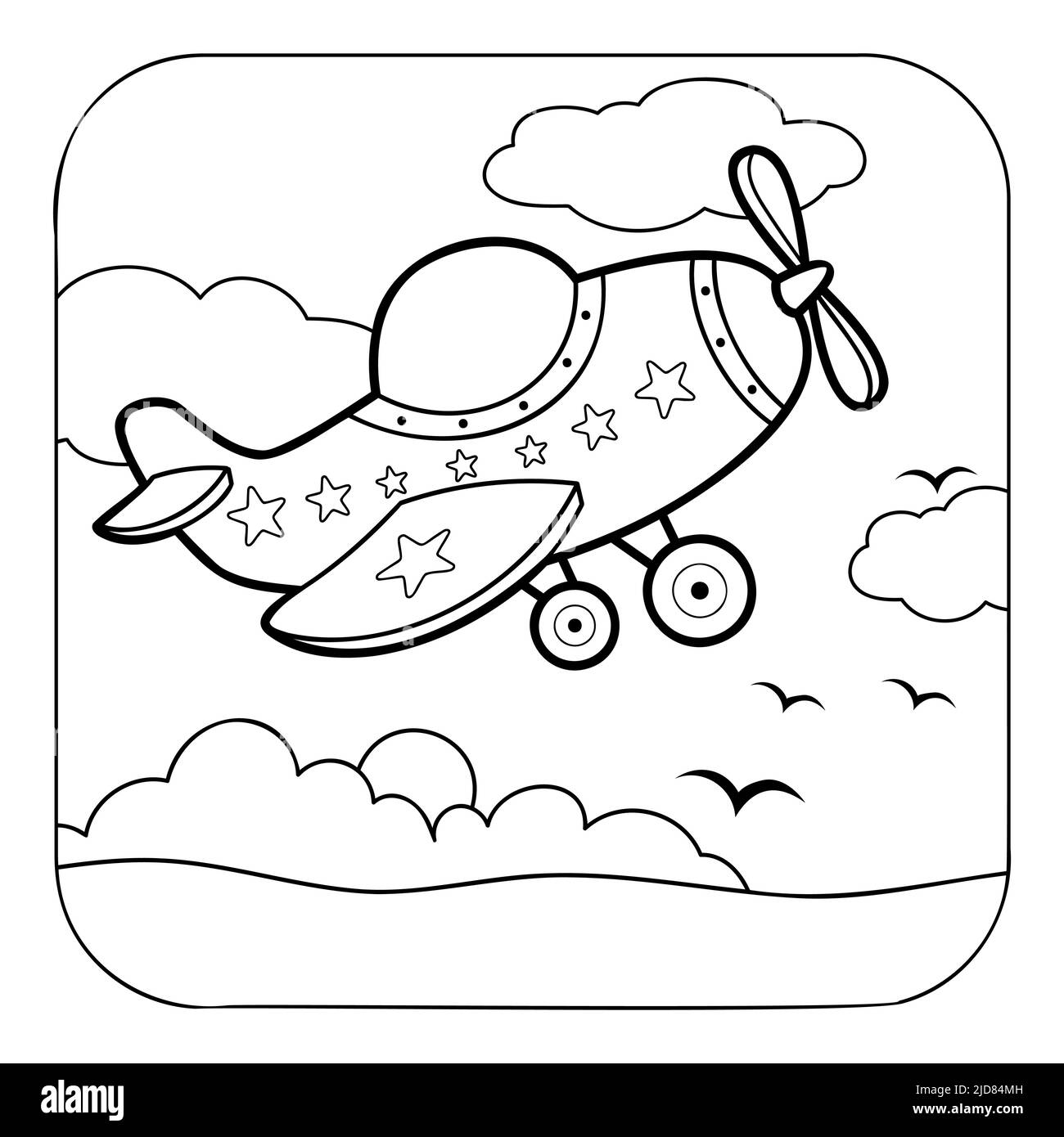 Plane black and white. Coloring book or Coloring page for kids. Nature background vector illustration Stock Vector
