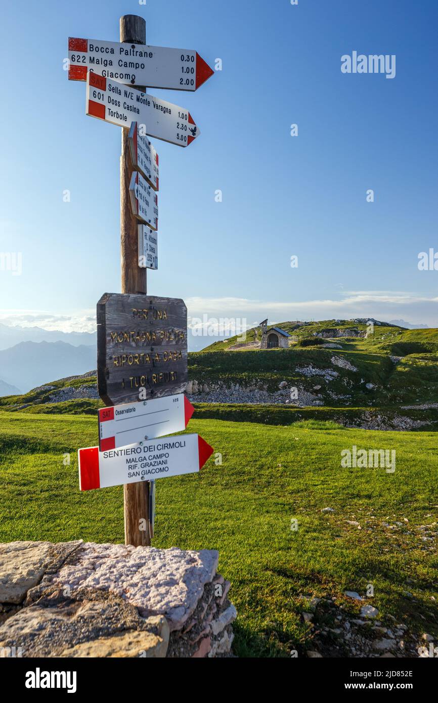 Red / white mountain path indicators on Altissimo di Nago mountain. Prealpi Gardesane Orientali. Trentino. Italy. Europe. Stock Photo