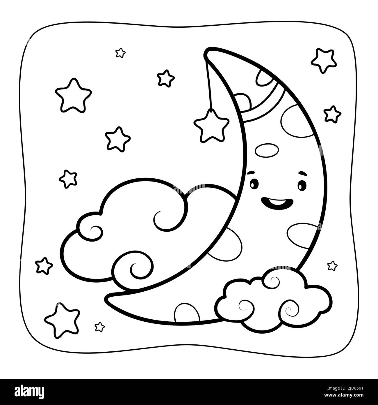 Moon black and white. Coloring book or Coloring page for kids. Nature