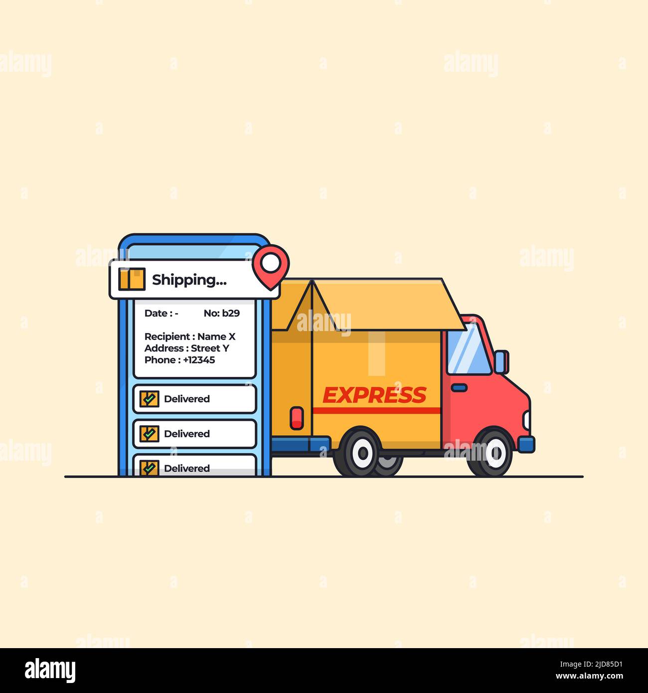 truck car with cardboard paper box and location tracker mobile app for