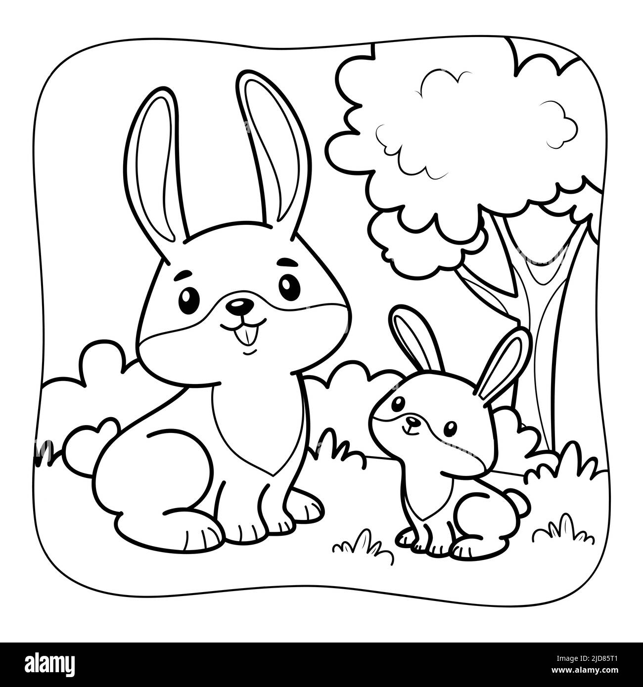 Rabbit black and white. Coloring book or Coloring page for kids. Nature background vector illustration Stock Vector