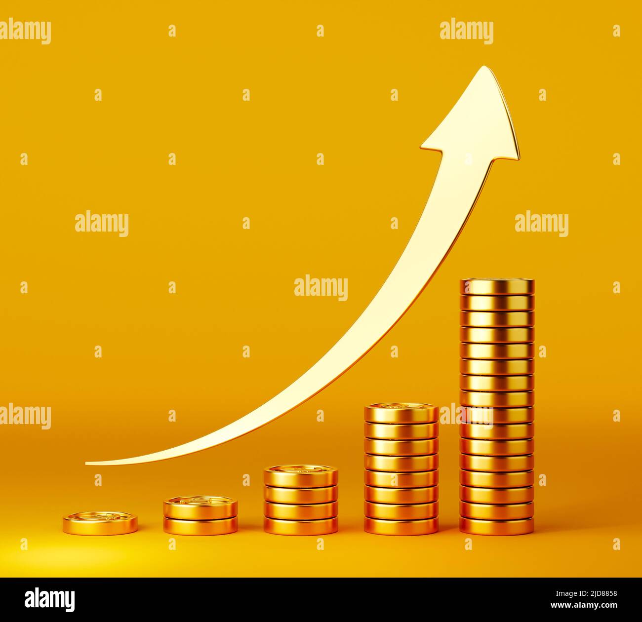 Stacks of golden coins and gold arrow up on bright yellow background Stock Photo