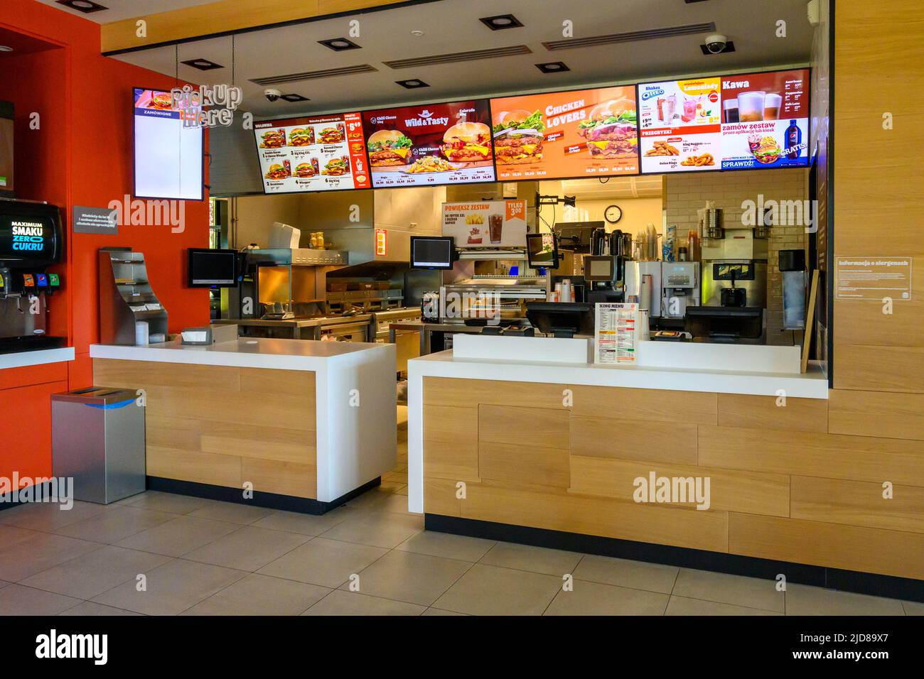 Otloczyn, Poland - June 3, 2022: Burger King restaurant interior near the highway in Poland. Burger King is a global chain of hamburger fast food rest Stock Photo