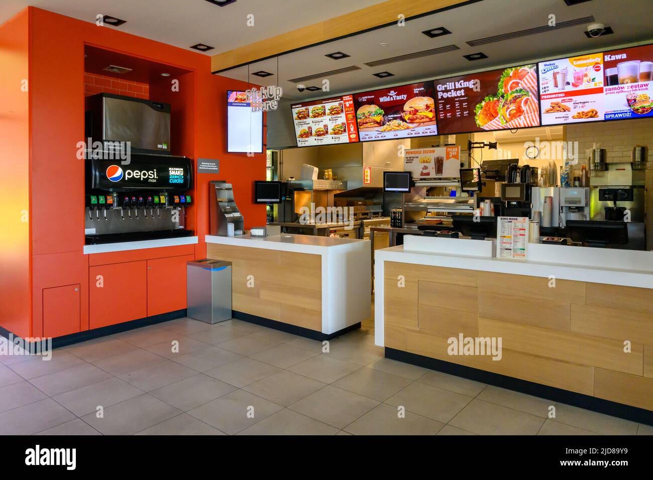 Otloczyn, Poland - June 3, 2022: Burger King restaurant interior near the highway in Poland. Burger King is a global chain of hamburger fast food rest Stock Photo