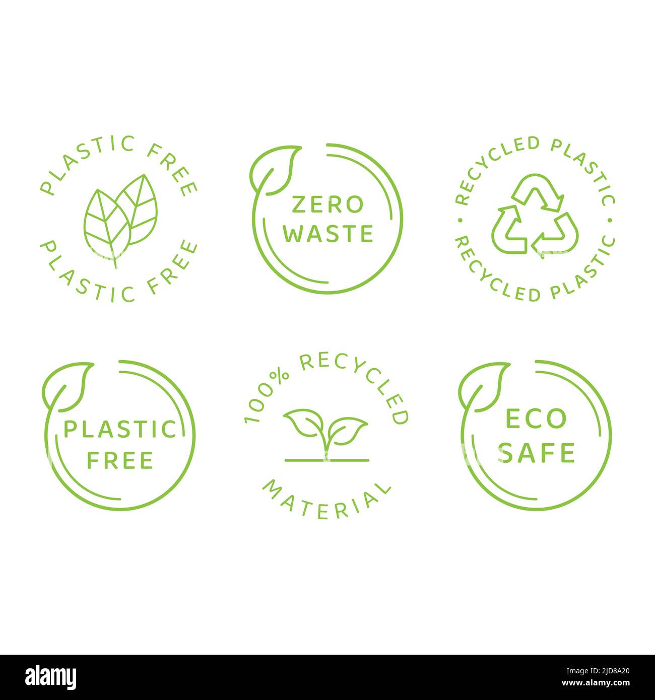 Eco safe, zero waste and recycled material. Vector label set, plastic free, eco friendly with leaf cycle. Stock Vector