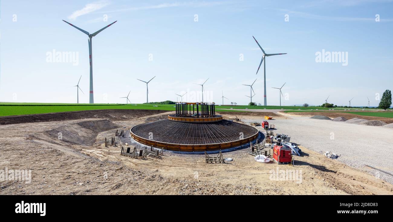 Construction site. Foundations of wind turbines with concrete and steel.  building wind turbines. metalwork in the foundation of a wind turbine base  Stock Photo - Alamy