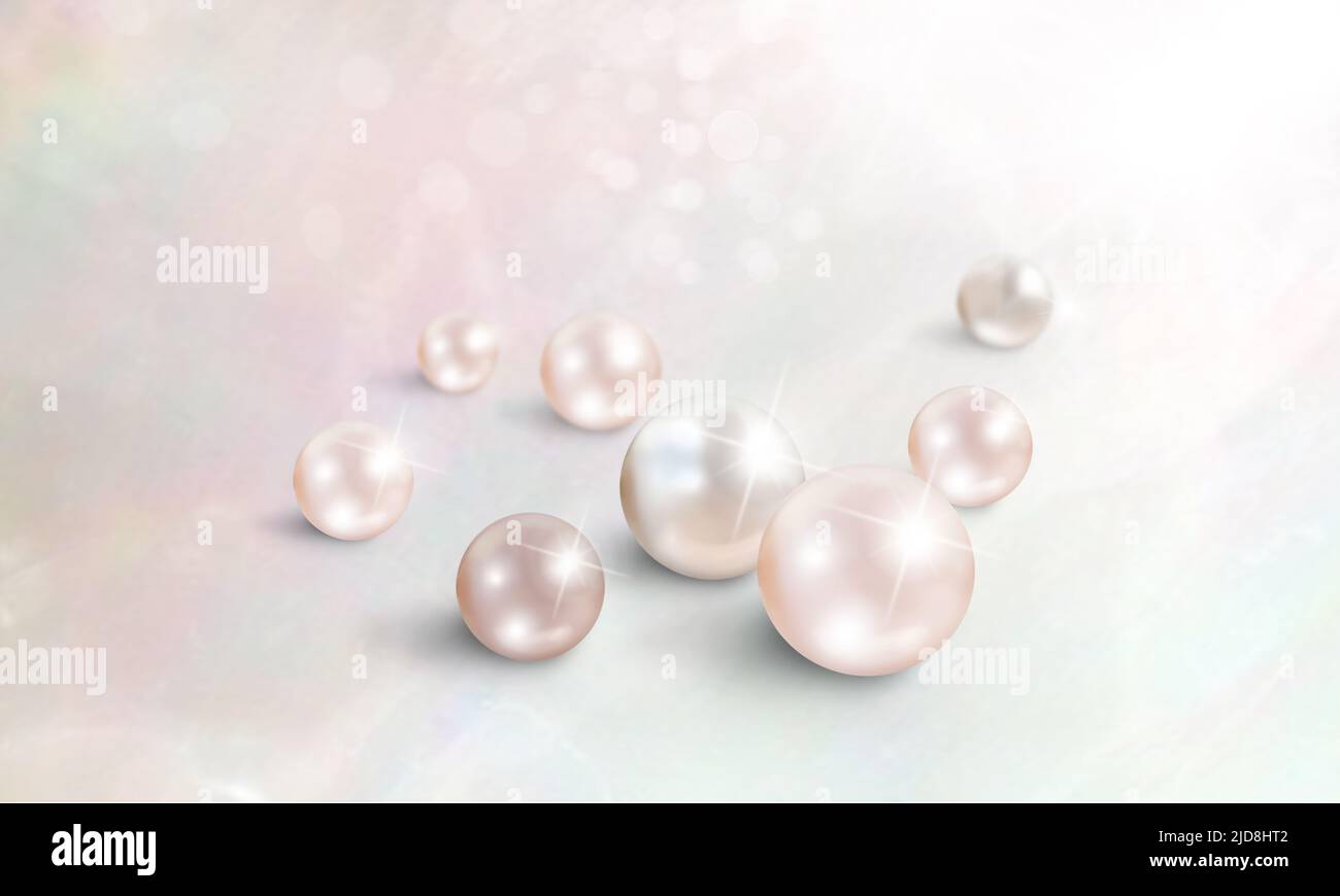 Group of shimmering beautiful pearls on mother of pearl oyster background with sparkles - pink, champagne and white nacreous pearl texture with copy s Stock Photo