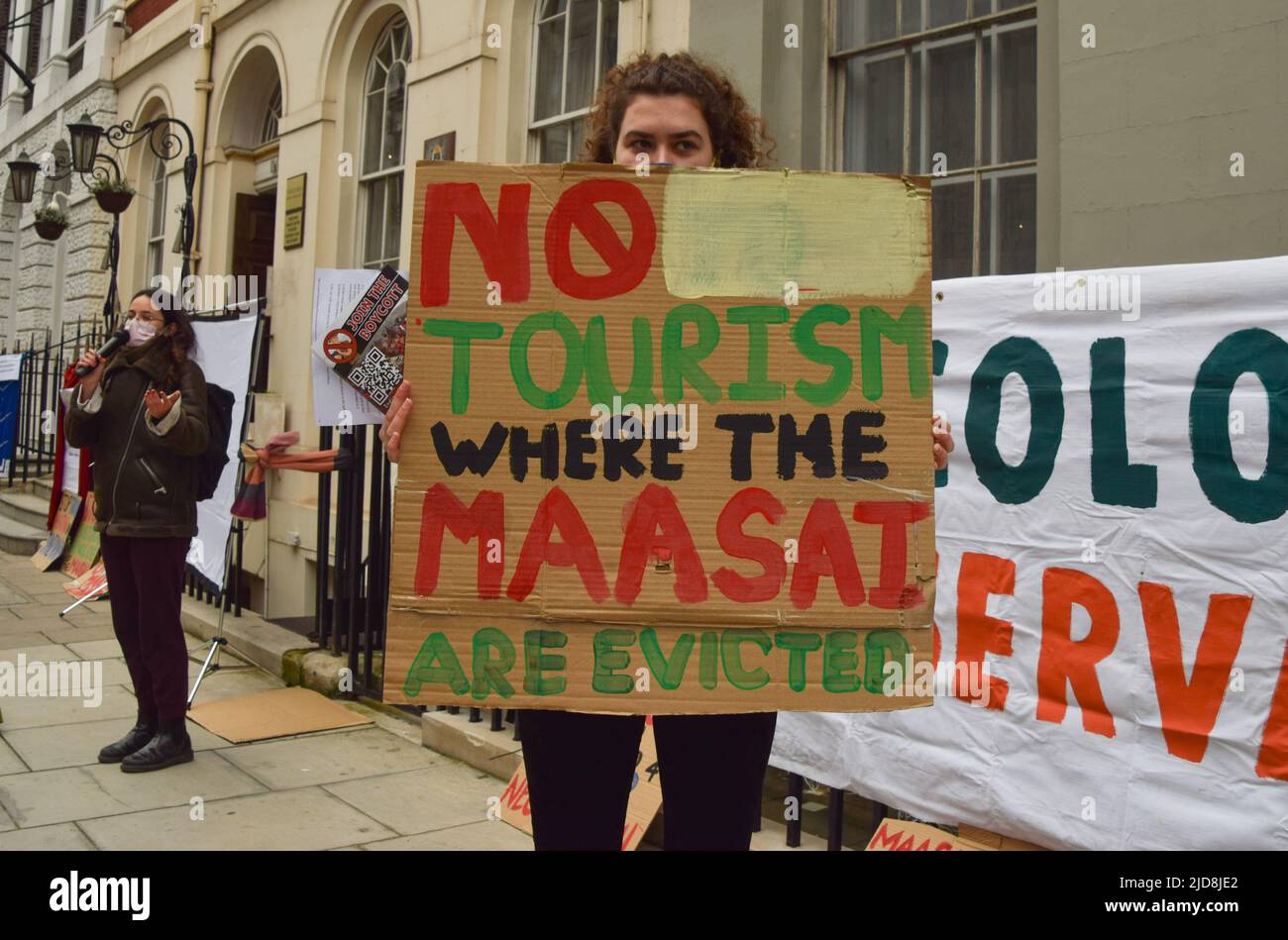 London, UK. 28th February 2022. Activists gathered outside the Tanzania High Commission in London in protest against the planned eviction of 167000 Maasai people from Ngorongoro and Loliondo to make space for trophy hunting and elite tourism. Stock Photo