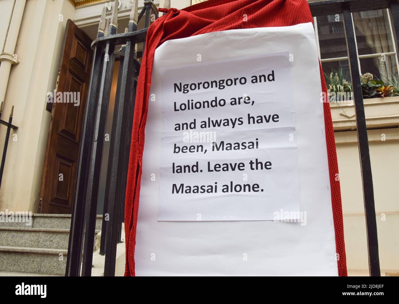 London, UK. 28th February 2022. Activists gathered outside the Tanzania High Commission in London in protest against the planned eviction of 167000 Maasai people from Ngorongoro and Loliondo to make space for trophy hunting and elite tourism. Stock Photo