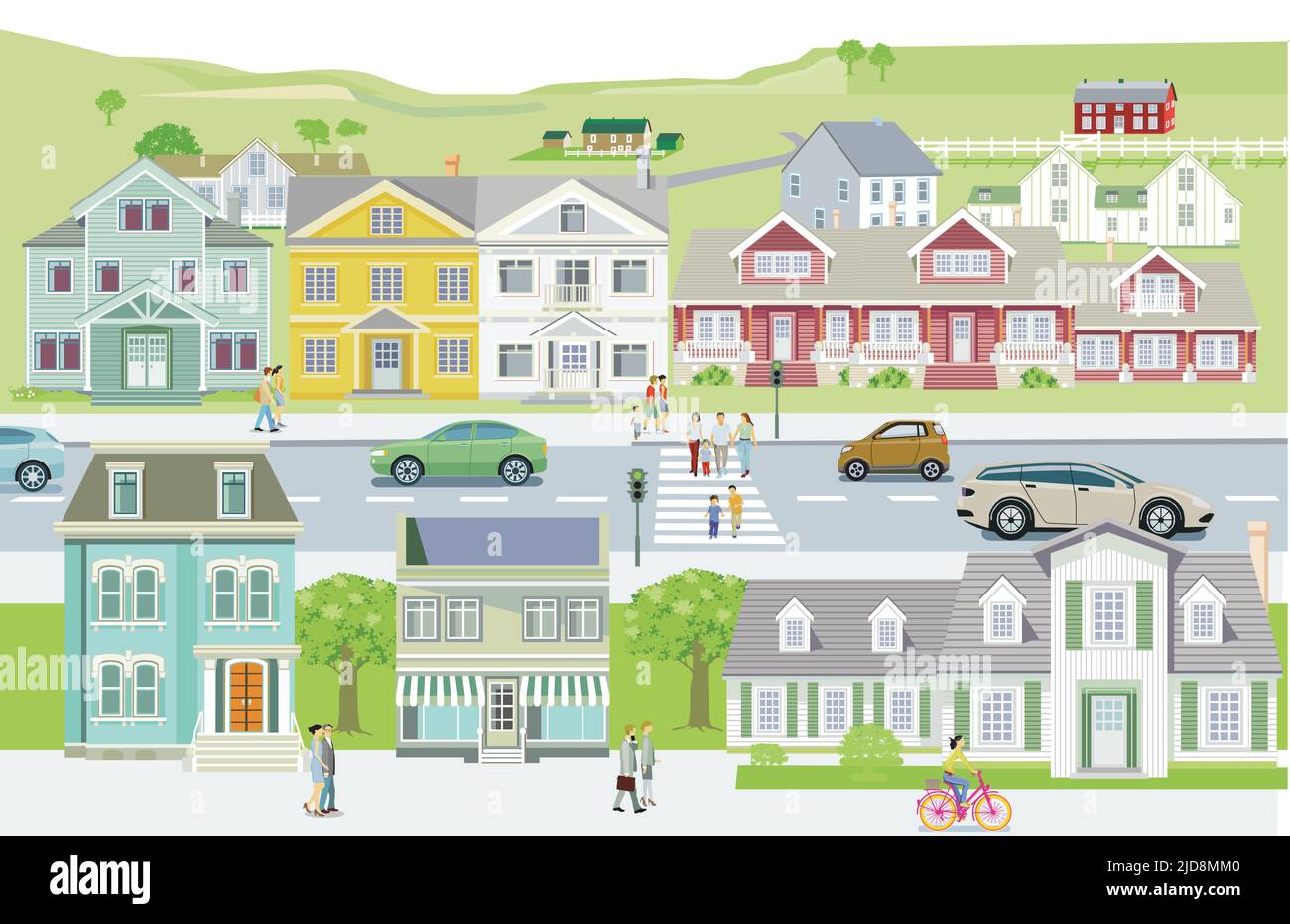 Street in small town, building exterior and traffic illustration Stock Vector