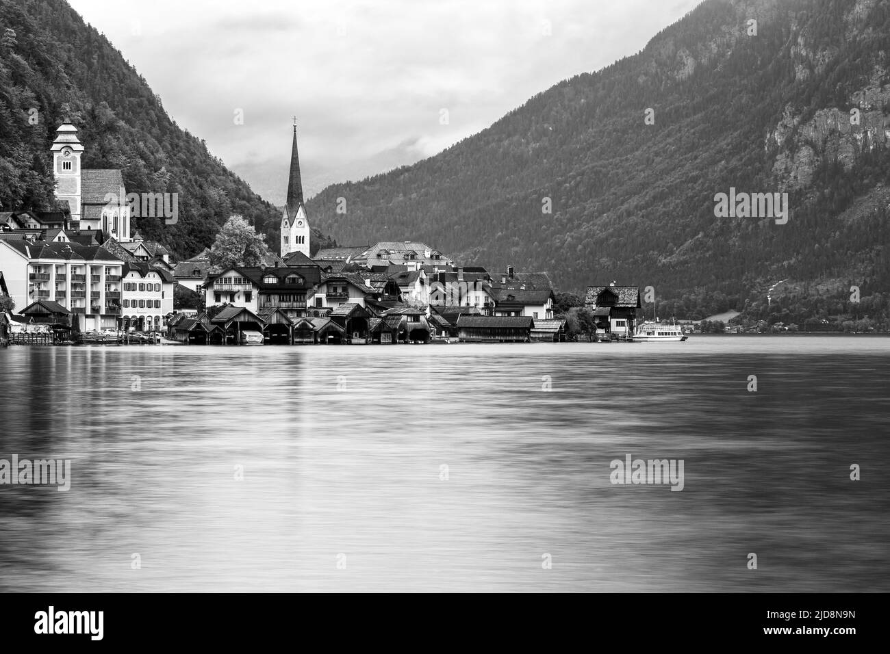 View of Hallstatt small town and Lake Hallstatt (Hallstatter See) in the Salzkammergut area. Gmunden. Austria. Europe. Black white landscape. Stock Photo