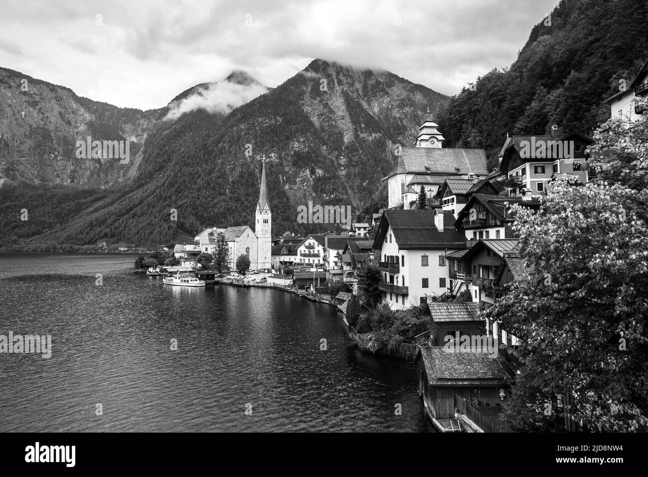 View of Hallstatt small town and Lake Hallstatt (Hallstatter See) in the Salzkammergut area. Gmunden. Austria. Europe. Black white landscape. Stock Photo