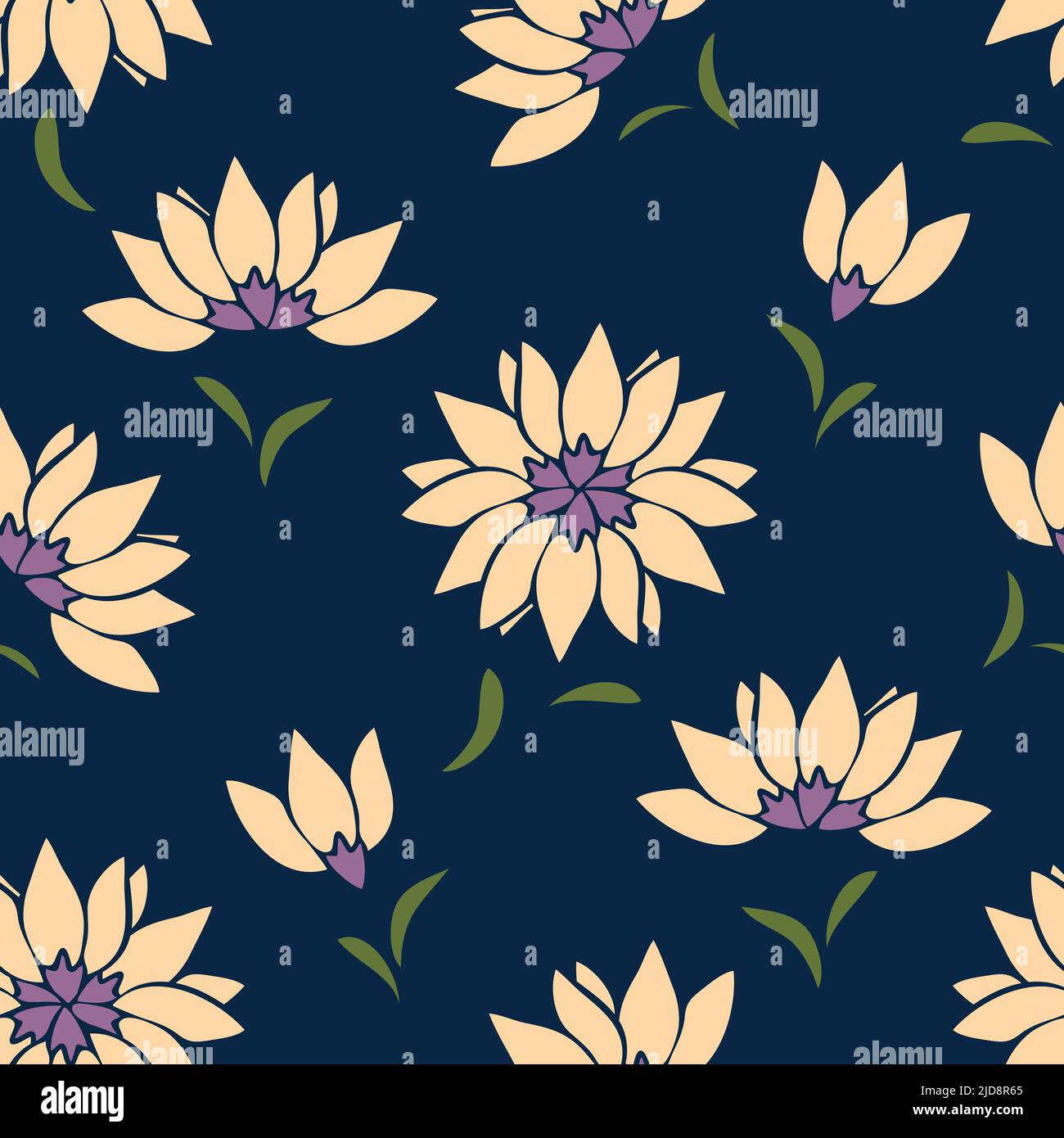 Seamless vector pattern with flower blooms on dark blue background. Simple daisy garden wallpaper design. Decorative floral fashion textile. Stock Vector