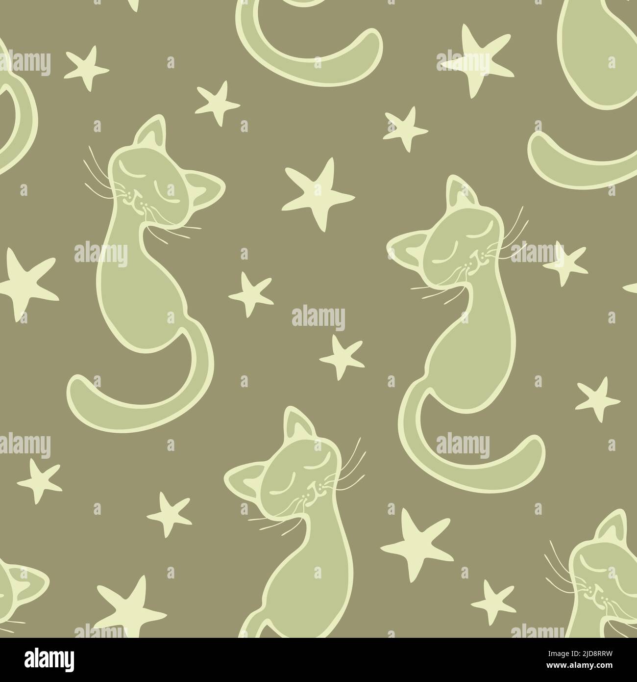 Seamless vector pattern with dreaming cats and stars on grey background. Cute simple animal wallpaper design with kittens. Stock Vector