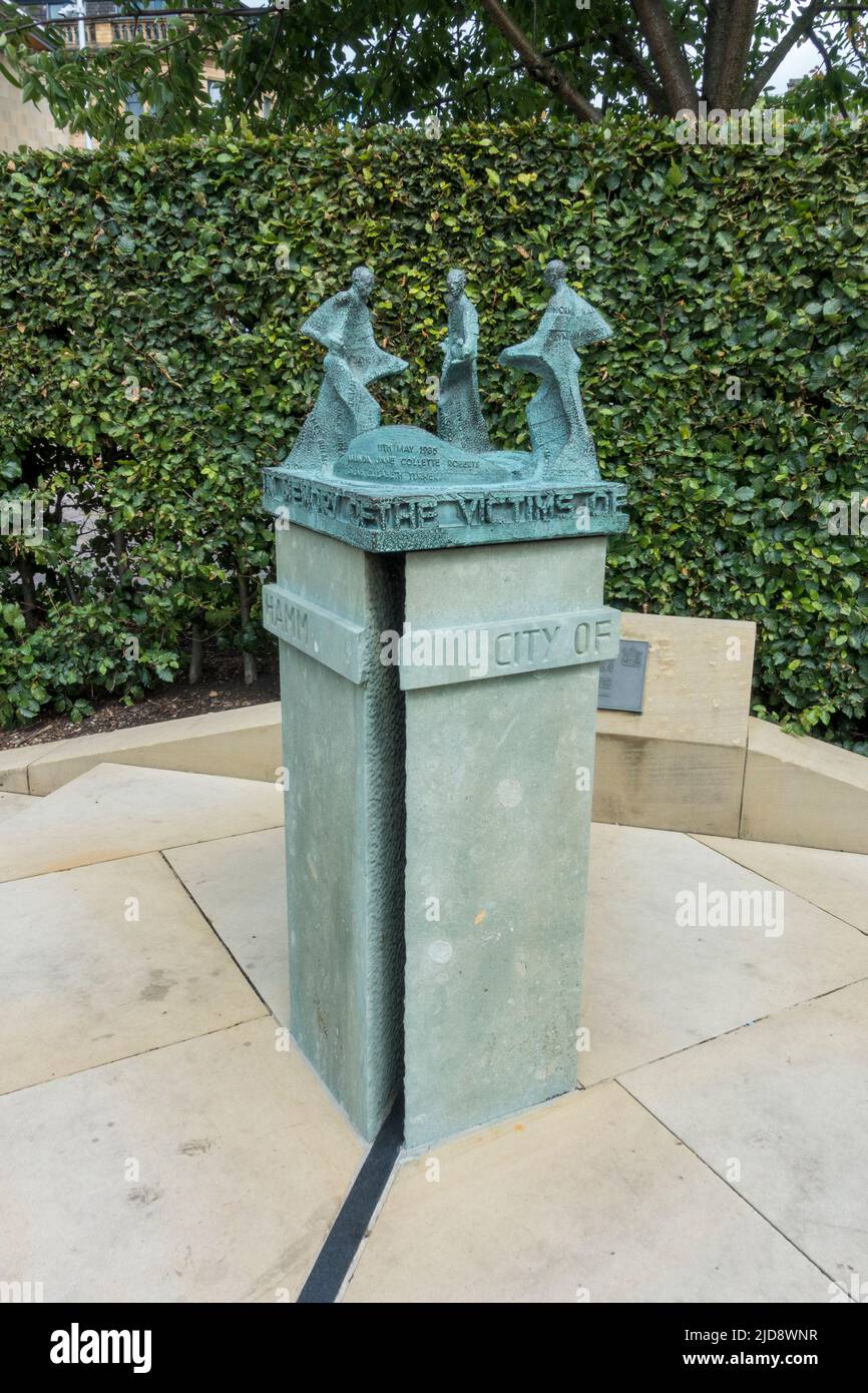 The Bradford Fire Disaster Memorial, commemorating the fire at Bradford City Football ground, 11 May 1985 which killed 56 people. Stock Photo