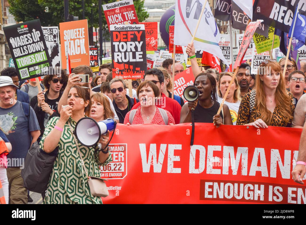 London, UK. 18th June 2022. Labour deputy leader Angela Rayner with protesters in Haymarket. Thousands of people and various trade unions and groups marched through central London in protest against the cost of living crisis, the Tory Government, the Rwanda refugee scheme and other issues. Stock Photo