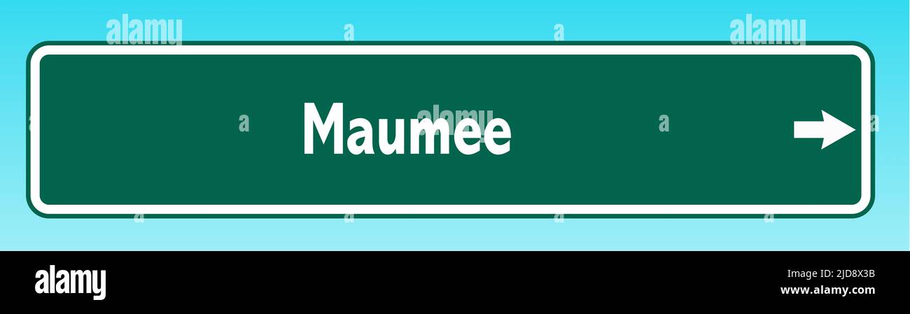 A graphic illlustration of an American road sign pointing to Maumee Stock Photo