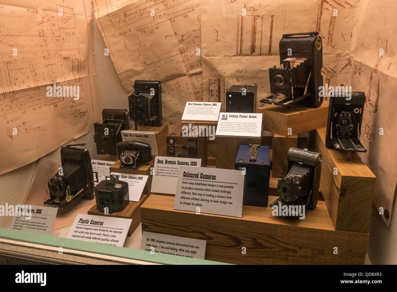 General display of early cameras sold by the Eastman Kodak company on display in a media museum. Stock Photo