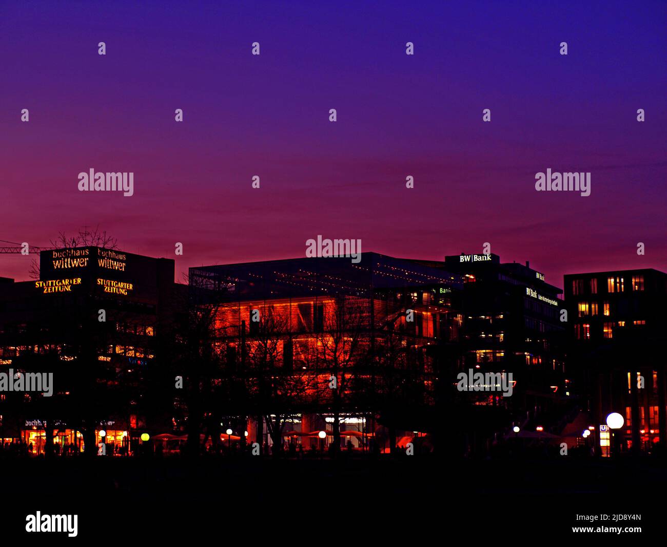 Silhouettic and colorful view of stuttgart by night. Stock Photo