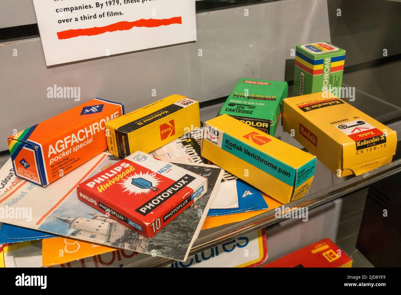 Selection of vintage film sizes from pocket film cameras (110, 126 cartridge, slide film) on display in a media museum. Stock Photo