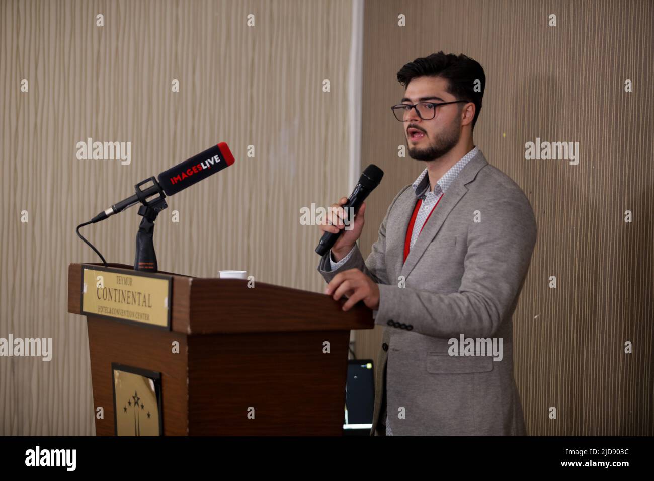 June 18, 2022, Gaziantep, Turkey: Gaziantep, Turkey. 18 June 2022.  IMAGESLIVE Zakariya Yahya introduces the film documentary 