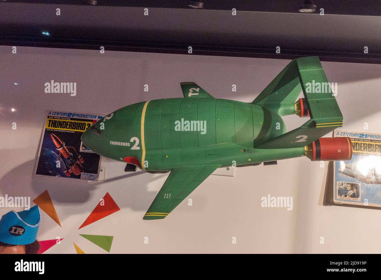 A Thunderbird 2 model from the BBC 1970s children's tv show 'Thunderbirds', on display in a media museum. Stock Photo