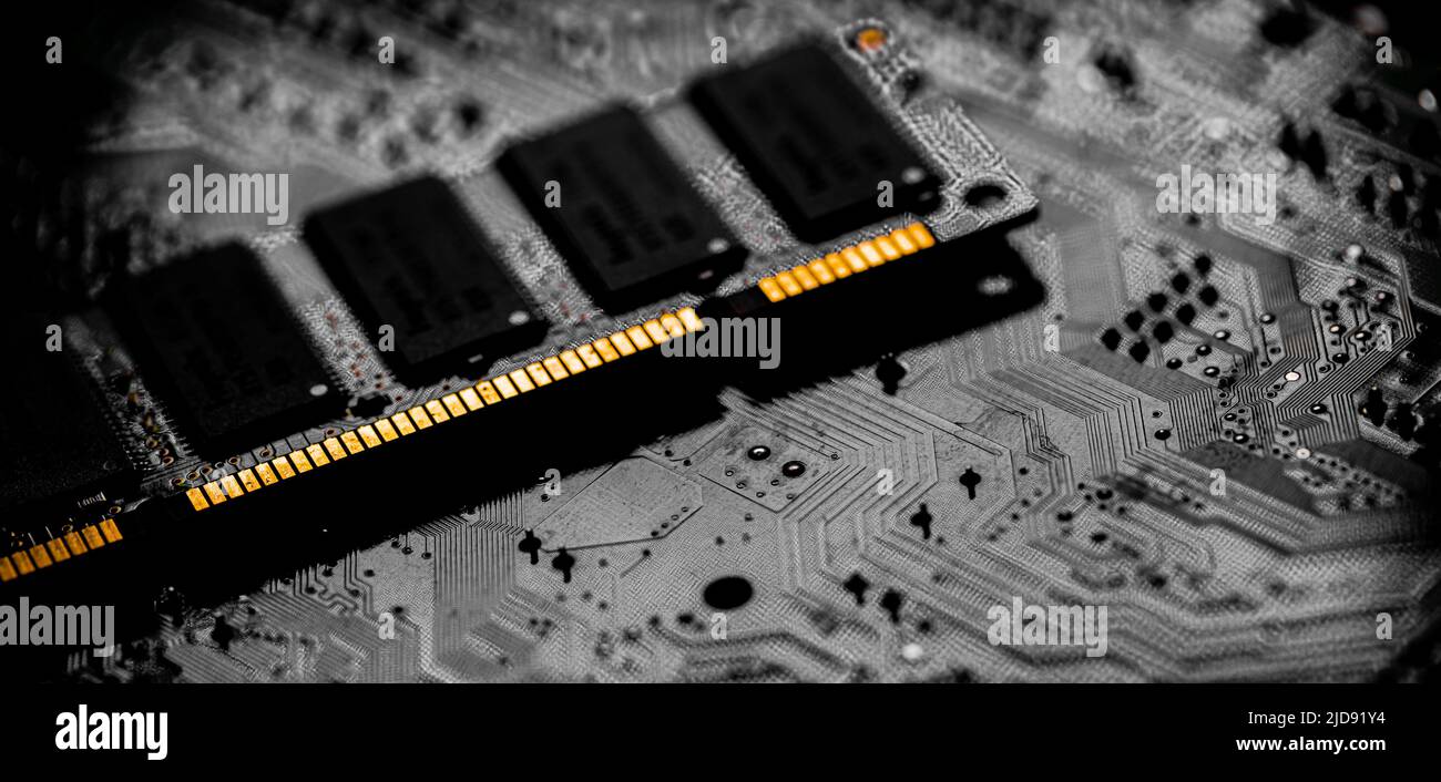 Macro Close up of computer RAM chip; random access memory chip slot for