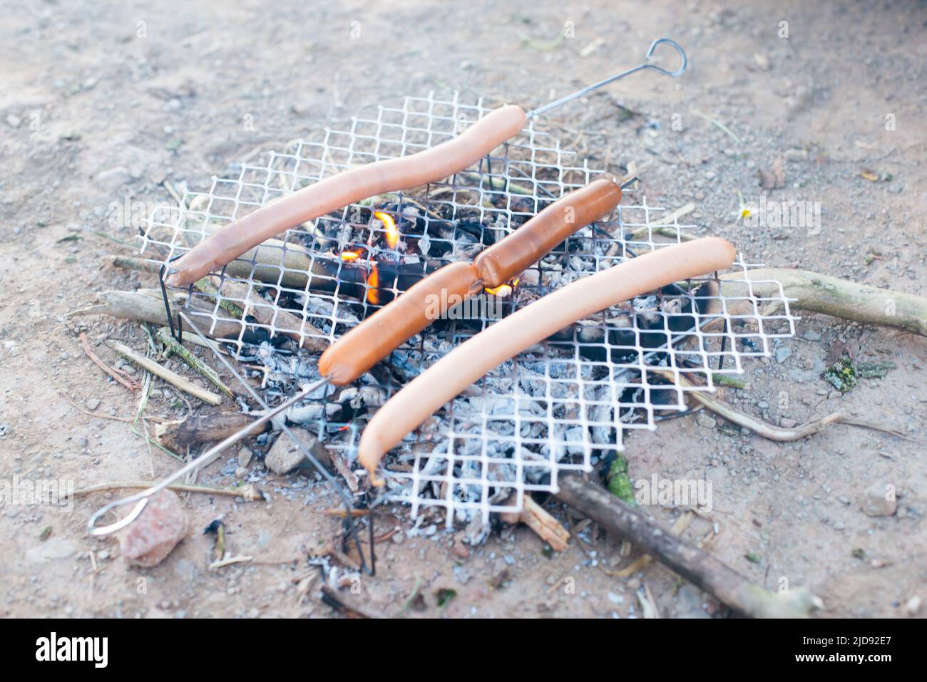 Hot dog sausage on a campfire, preparing food in the wilderness, bush craft and survival concept, grilled meat, vacation trip Stock Photo