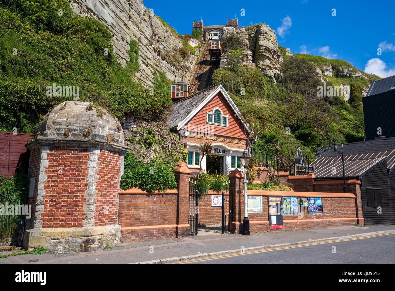 The West Hill Cliff Railway, or West Hill Lift, is a funicular railway located in the English seaside town of Hastings, East Sussex, England, Uk Stock Photo