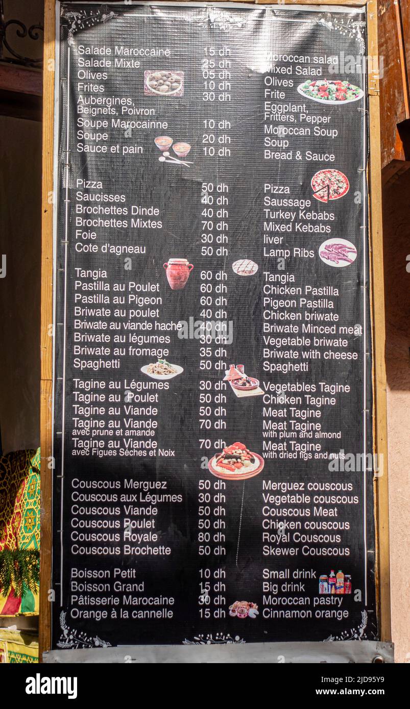 Street food menu with prices in dirhams, Kasbah, Marrakech, Morocco Stock Photo Alamy