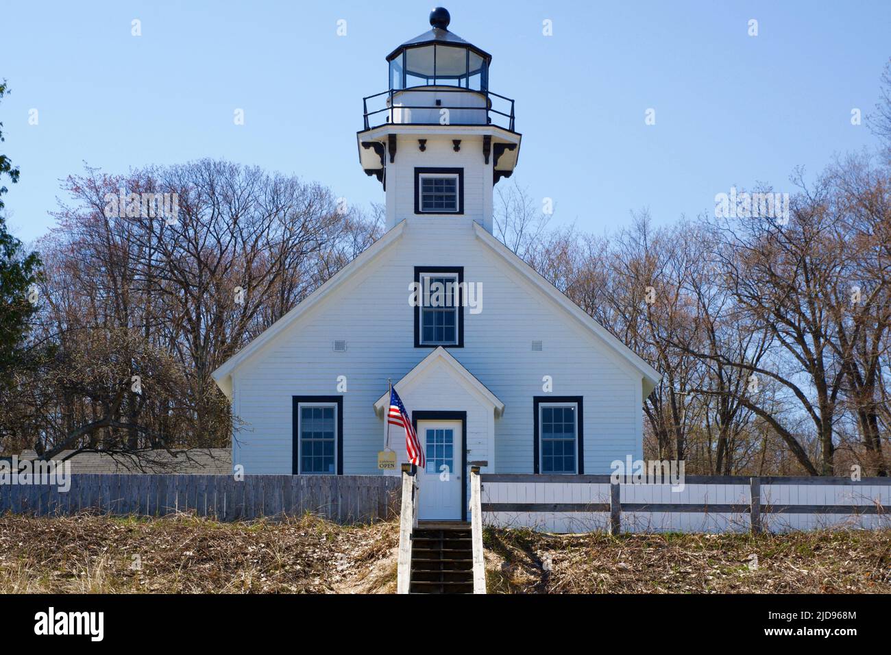 TRAVERSE CITY, MICHIGAN, UNITED STATES - 16 May 2018: Exterior view of Mission Point Lighthouse in Northern Michigan Stock Photo
