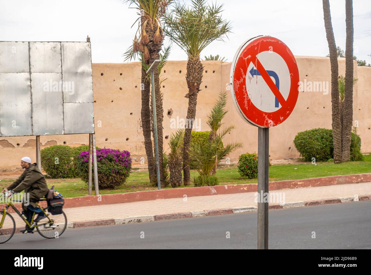 Left turn not allowed road sign street signs in Marrakech, Morocco Stock Photo