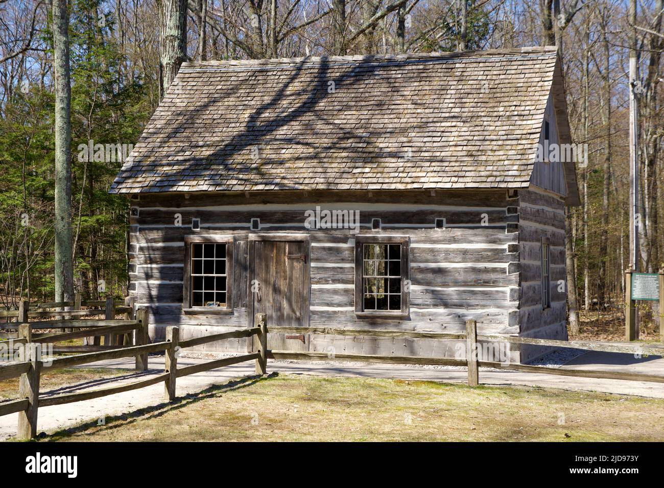 TRAVERSE CITY, MICHIGAN, UNITED STATES - 16 May 2018: Exterior view of an old restored shack near Mission Point Lighthouse in northern Michigan Stock Photo
