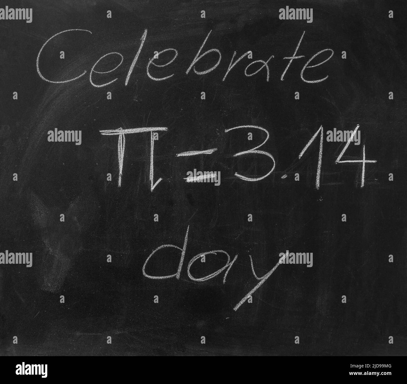Pi number day, Celebrate Pi text chalk drawing on a school black board. Greek letter symbol and mathematical constant handwriting Stock Photo