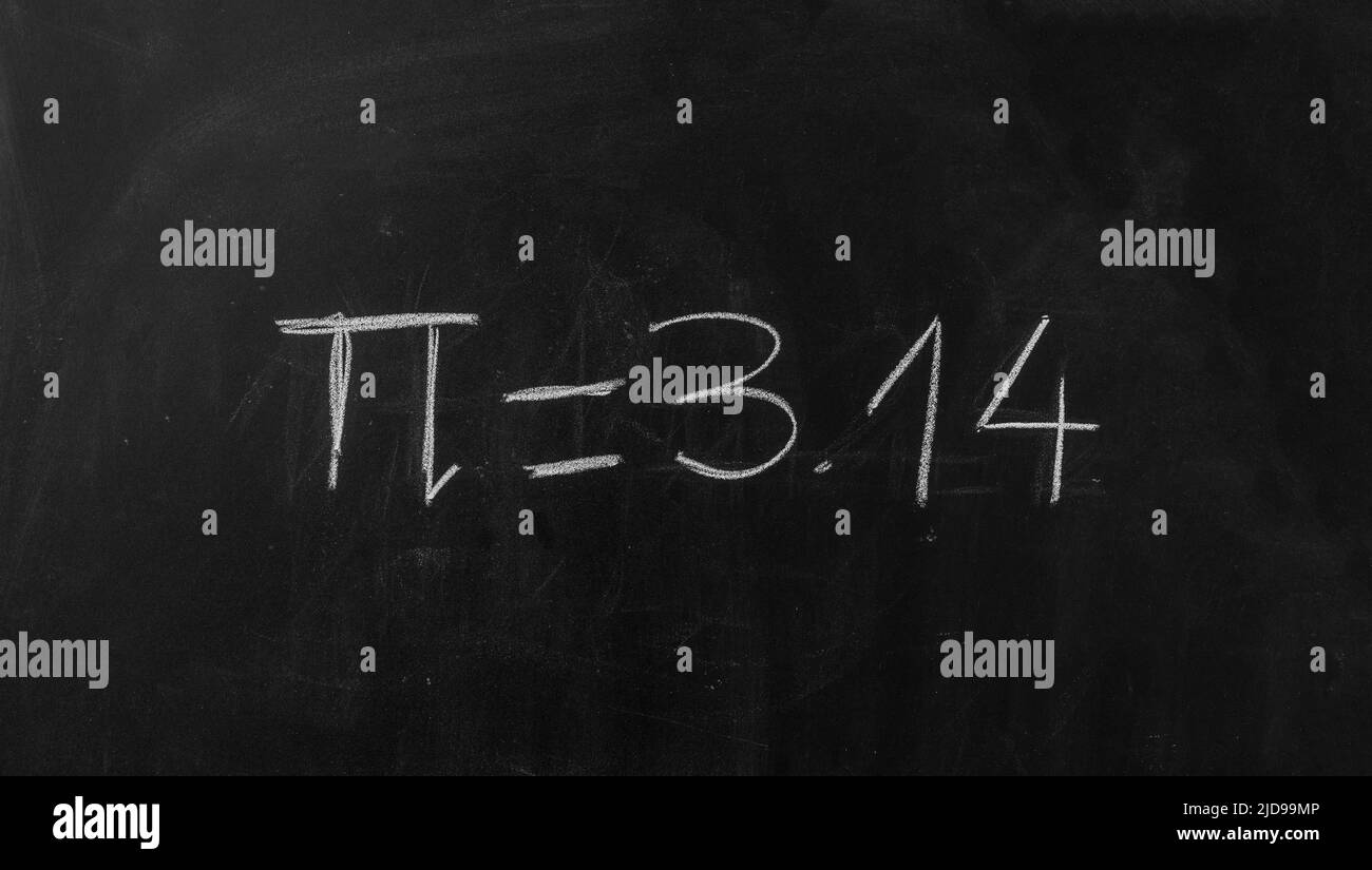Pi number, mathematical constant chalk drawing on a school black board, Greek letter symbol and decimal digits  white handwriting Stock Photo