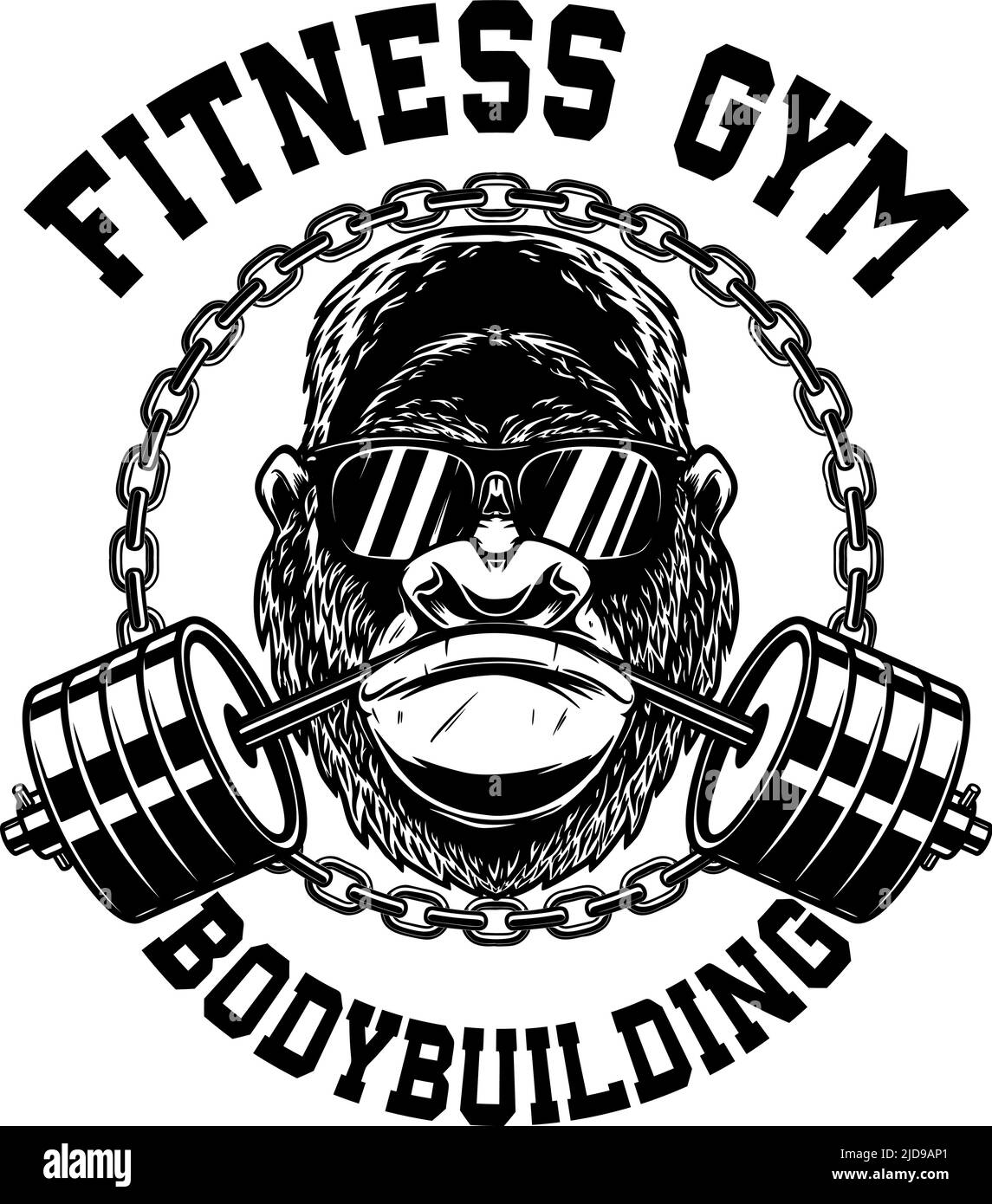 Gorilla with gym barbell in mouth. Design element for logo, emblem, sign, poster, t shirt. Vector illustration Stock Vector
