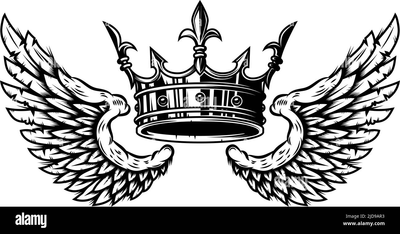 Illustration of king crown and wings in monochrome style. Design element for logo, emblem, sign, poster, t shirt. Vector illustration Stock Vector