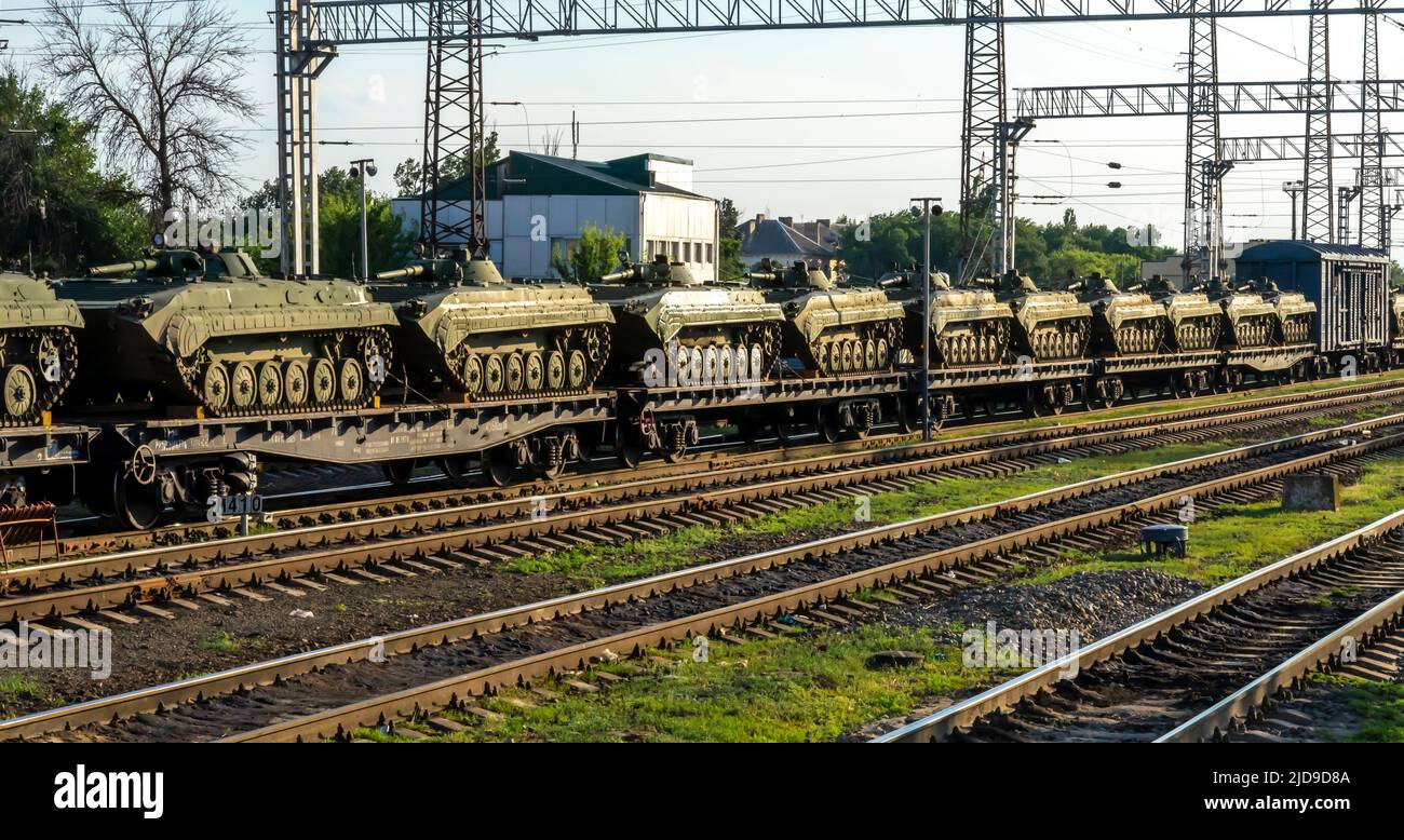Russian tanks T 90 transported on a railroad, Russia Stock Photo