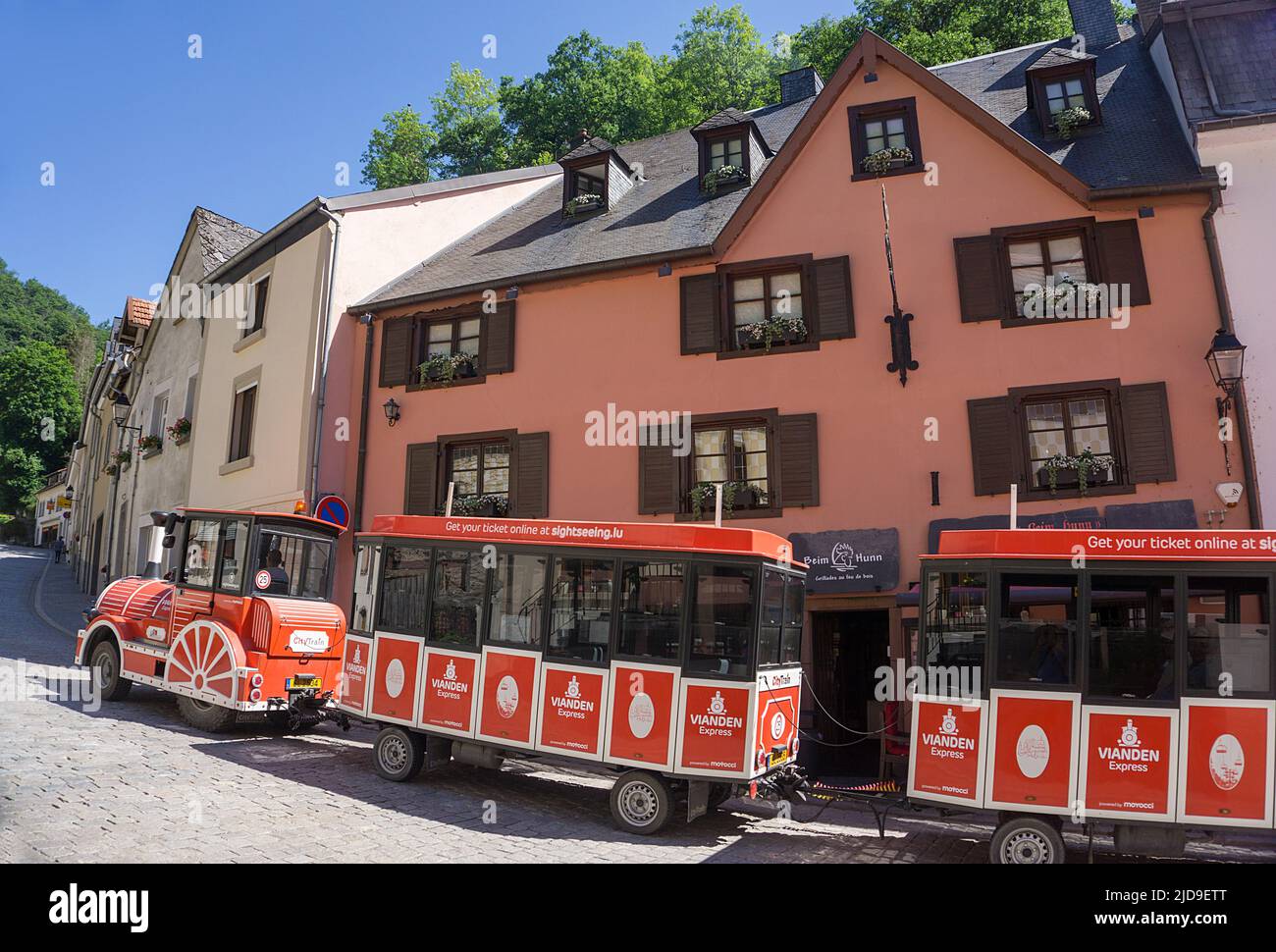 Tourist train on the way to Vianden castle, city of Vianden, Canton of Vianden, Grand Duchy of Luxembourg, Europe Stock Photo