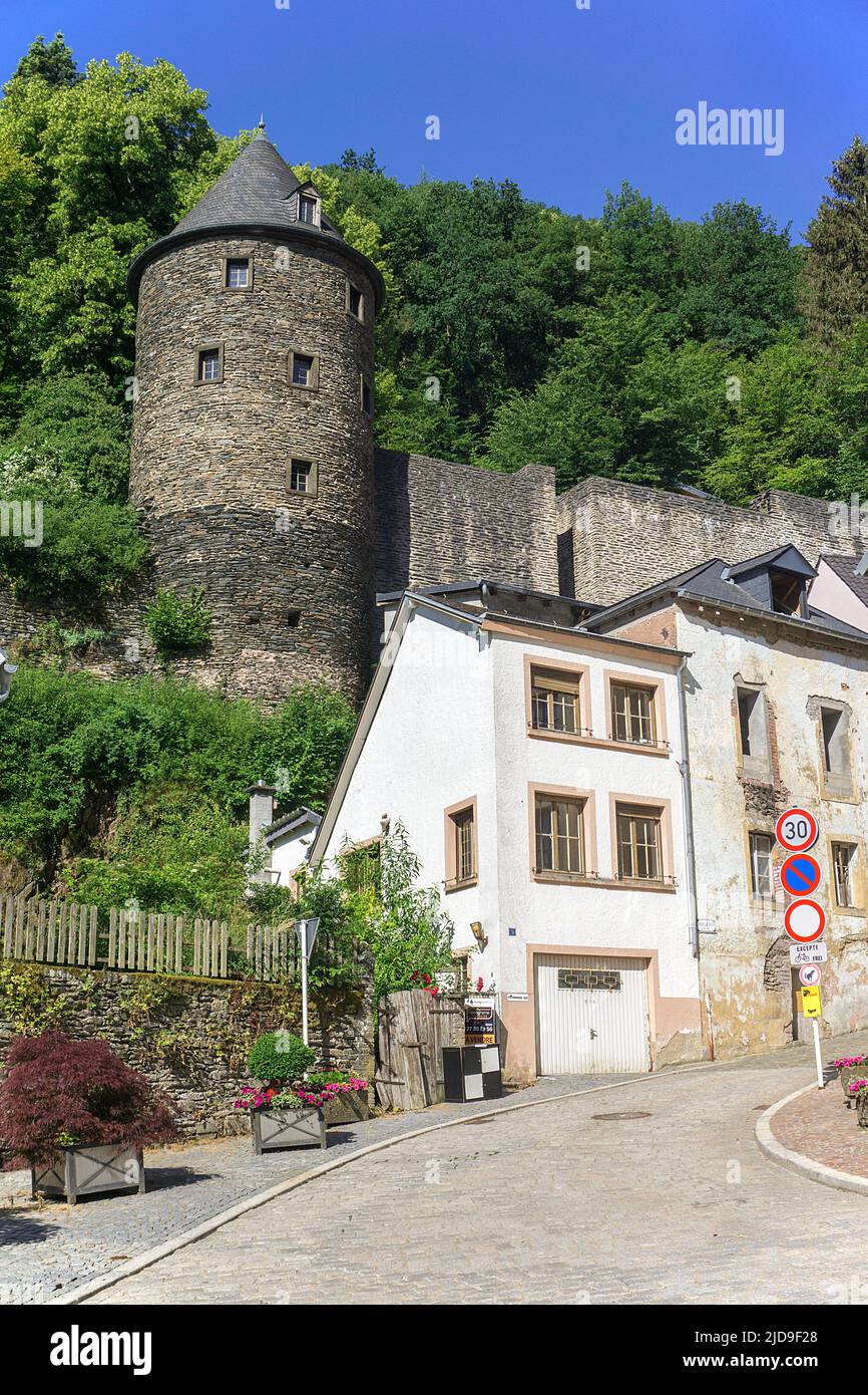 Street with old watch tower in the village Vianden, Canton of Vianden, Grand Duchy of Luxembourg, Europe Stock Photo