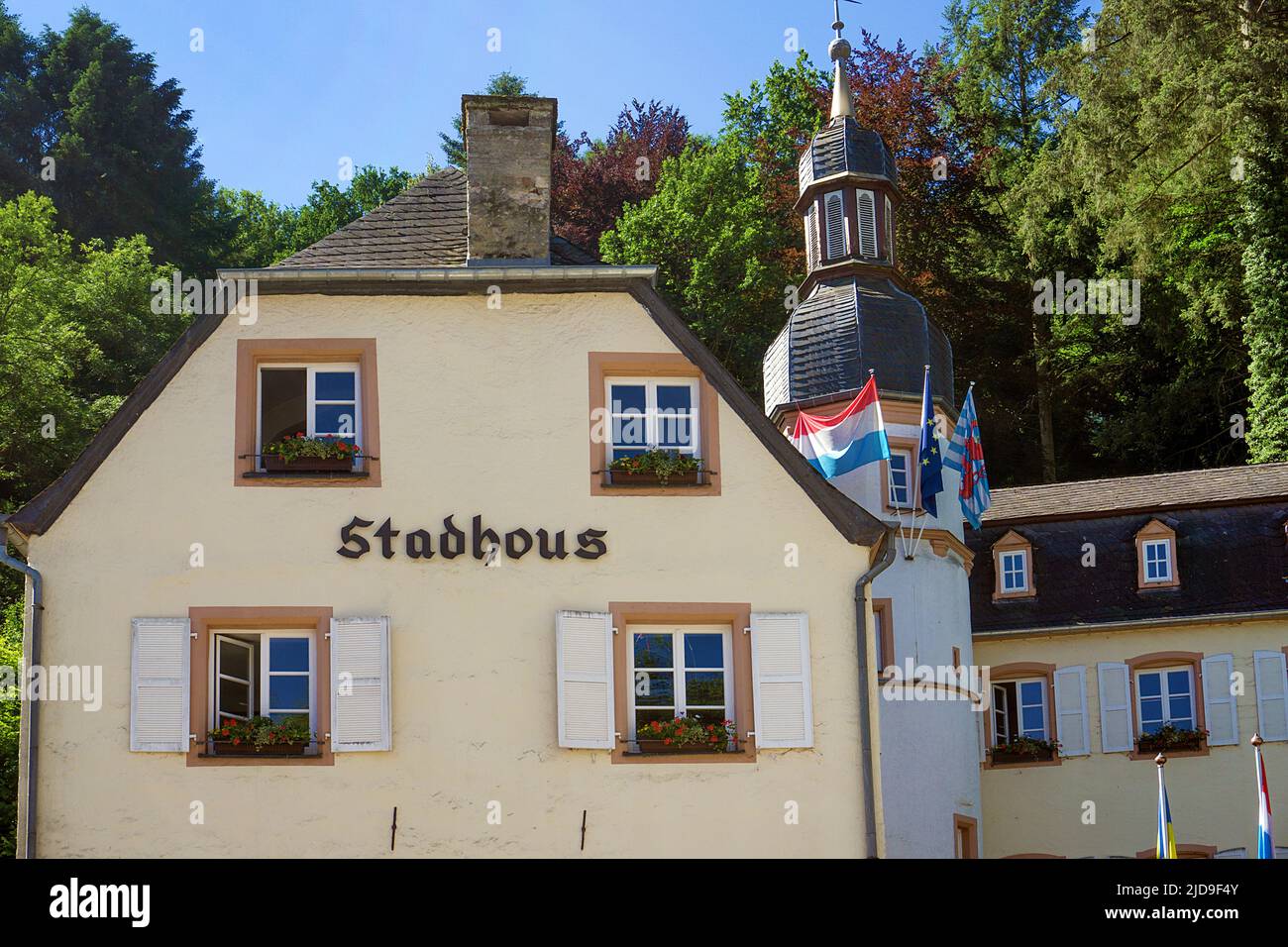 Stadhous (town hall) of the village Vianden, Canton of Vianden, Grand Duchy of Luxembourg, Europe Stock Photo