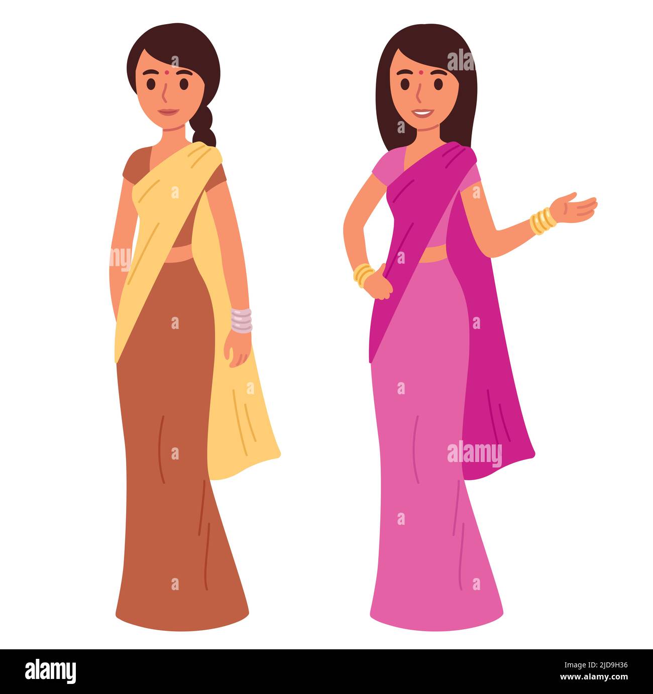 Young Indian woman in traditional saree. Cute cartoon vector illustration. Two poses and color options. Stock Vector