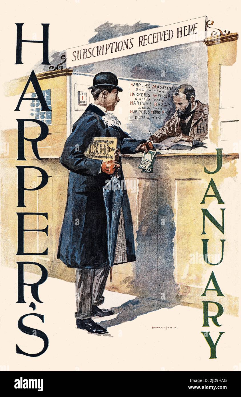 A turn of the 20th century illustration by Edward Penfield (1866-1925) considered by many to be the father of the American poster. Featuring a city gent, paying for a subscription to Harper’s Magazine, the oldest general-interest monthly in America. Stock Photo