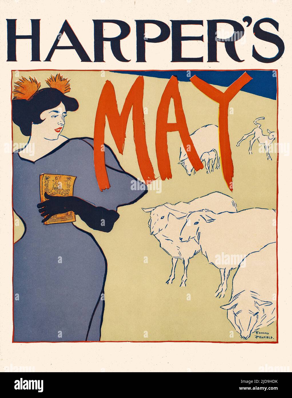 A turn of the 20th century illustration by Edward Penfield (1866-1925) considered by many to be the father of the American poster. Featuring a young woman in a field of sheep and spring lambs in Harper’s Magazine, the oldest general-interest monthly in America. Stock Photo