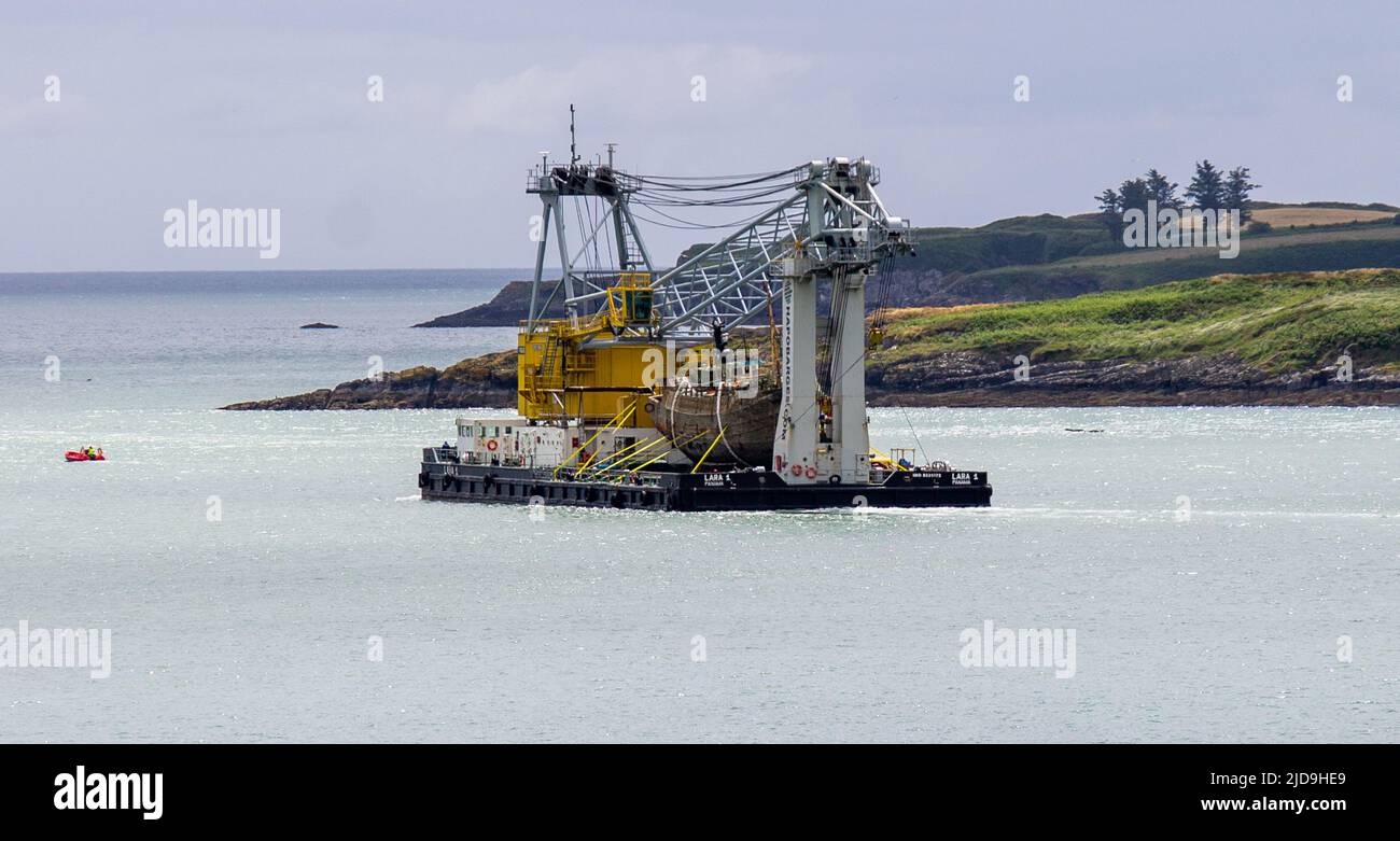 Wreck of trawler on lifting crane ships deck Lara 1 in Glandore Harbour, West Cork,Ireland Stock Photo