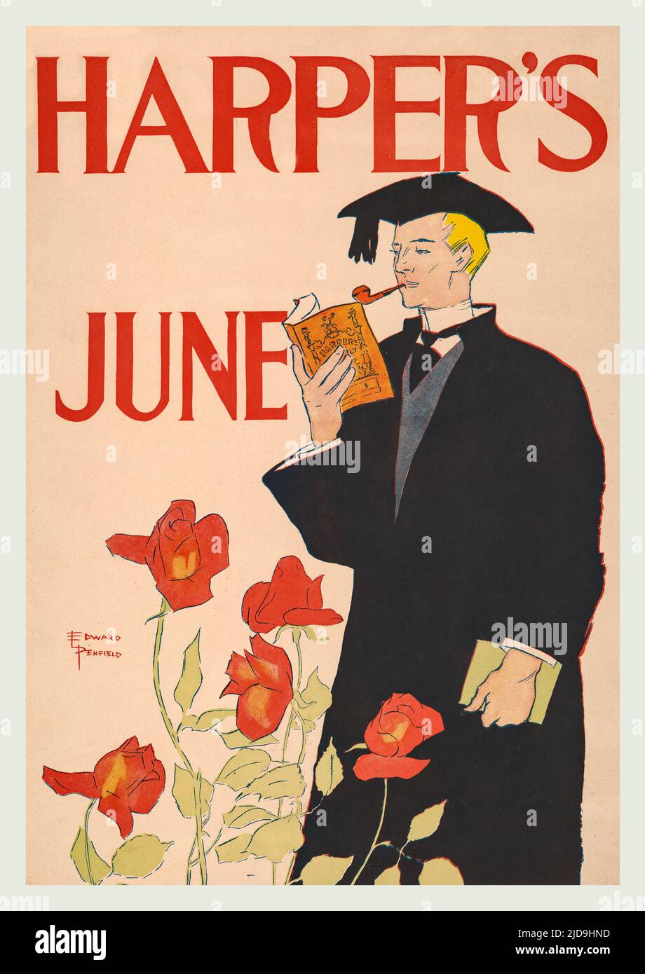 A turn of the 20th century illustration by Edward Penfield (1866-1925) considered by many to be the father of the American poster. Featuring a teacher in gown and mortar board reading. Harper’s Magazine, the oldest general-interest monthly in America. Stock Photo