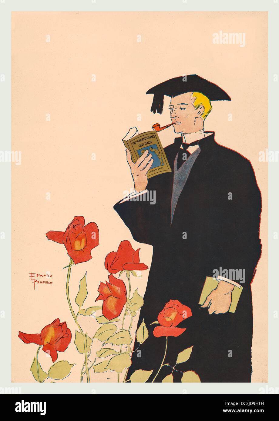 A detail from a turn of the 20th century illustration by Edward Penfield (1866-1925) considered by many to be the father of the American poster. Featuring a young teacher reading a text book. Originally a cover to Harper’s Magazine, the oldest general-interest monthly in America. Stock Photo