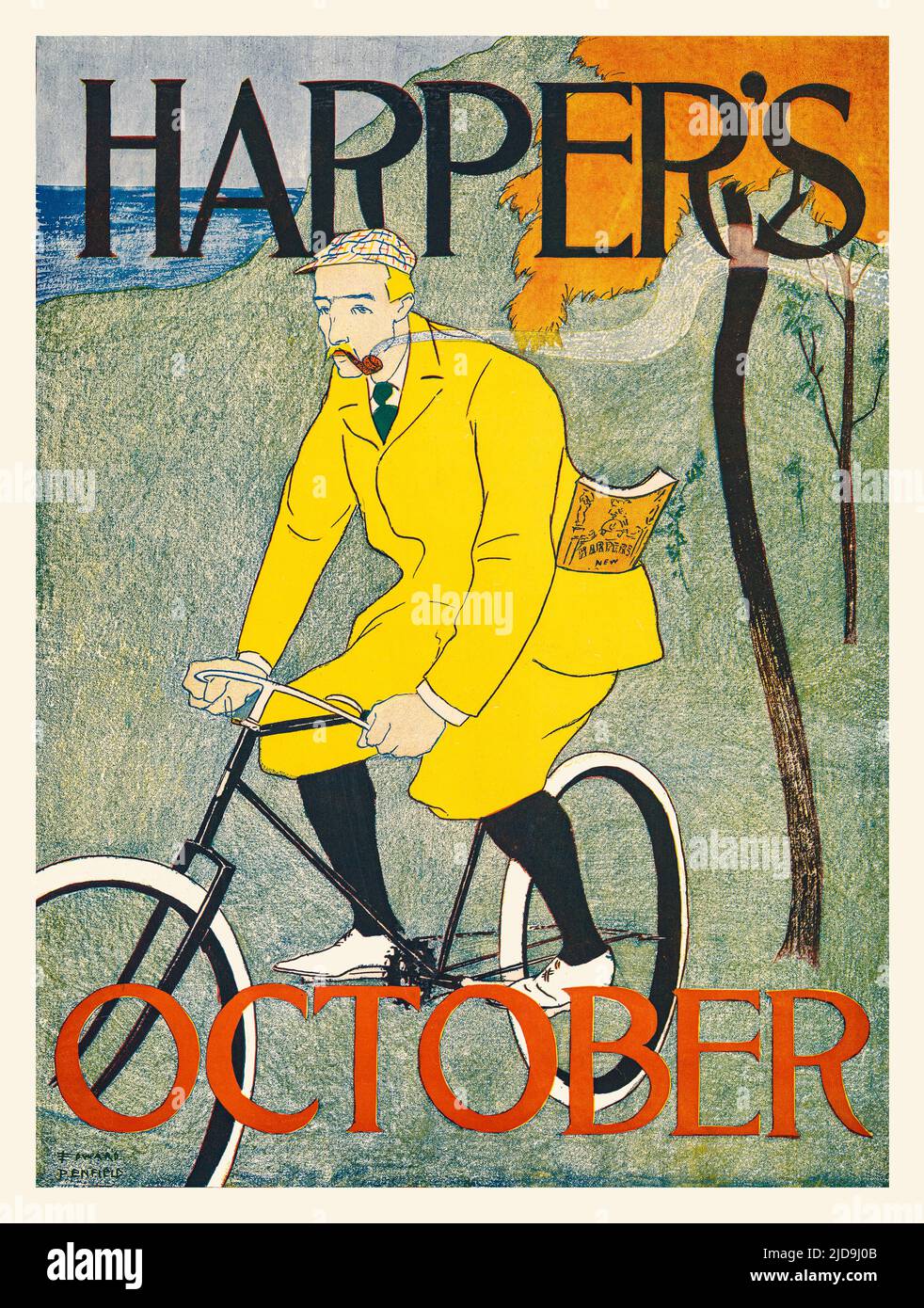 A turn of the 20th century illustration by Edward Penfield (1866-1925) considered by many to be the father of the American poster. Featuring a man cycling in a yellow suit with plus fours and smoking a pipe. Harper’s Magazine, the oldest general-interest monthly in America. Stock Photo